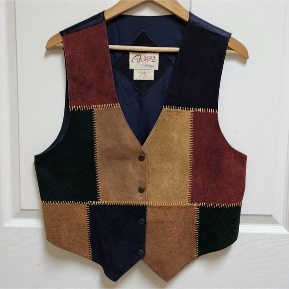 Asapo Vest Mens L Brown Brown Patchwork Leather Button Whipstitch Western 90s - Picture 1 of 11